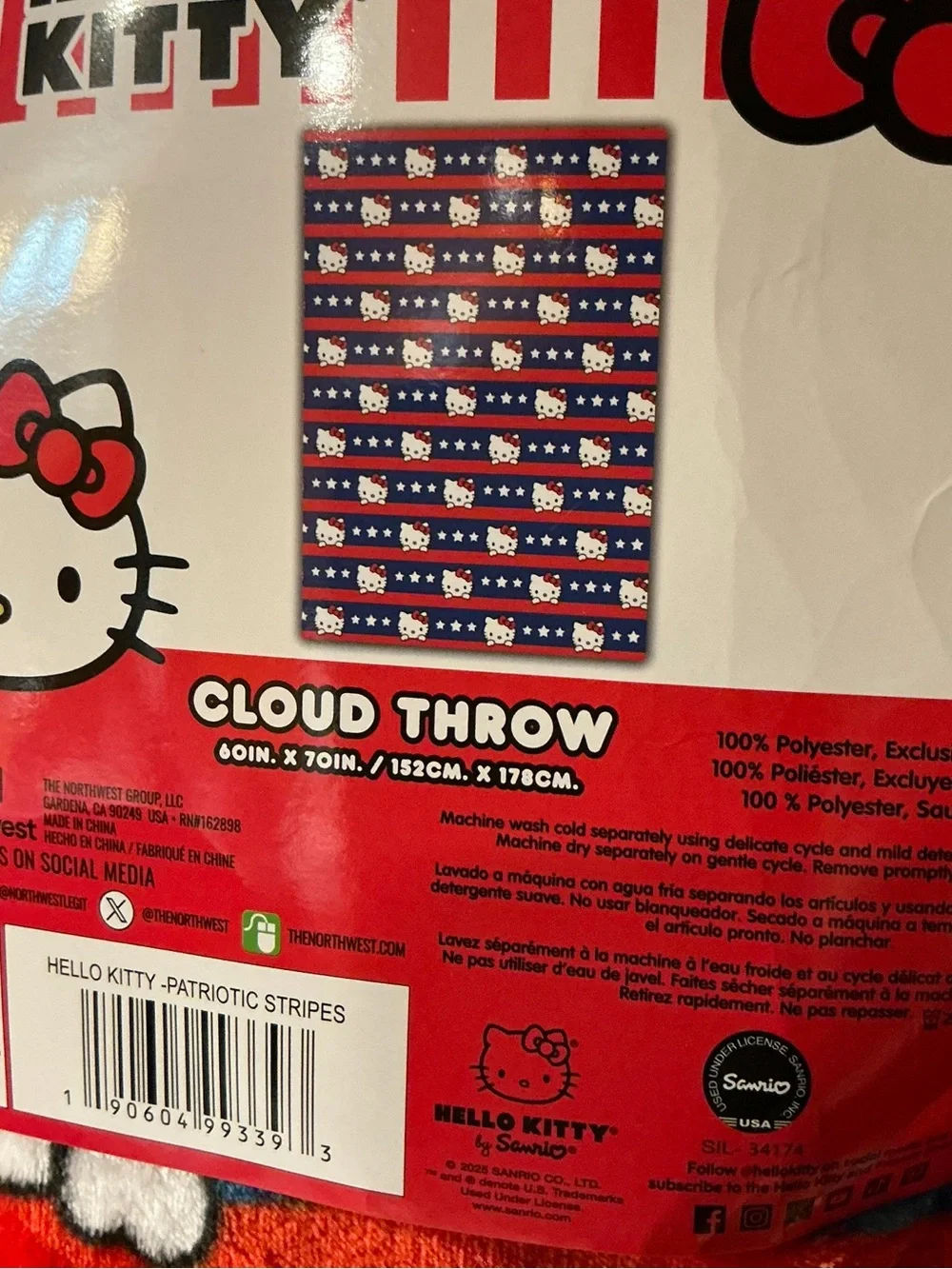 Hello Kitty Patriotic Stripes Throw-60” x 70”